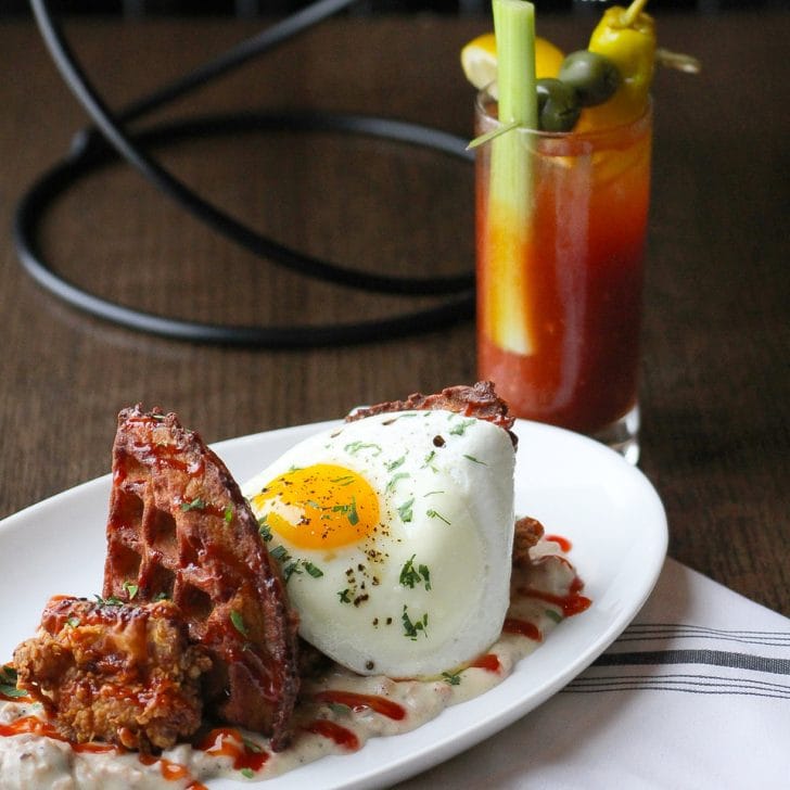Chicken and "Hash Brown Waffle" with a Bloody Mary at Grato Grato Bloody Mary